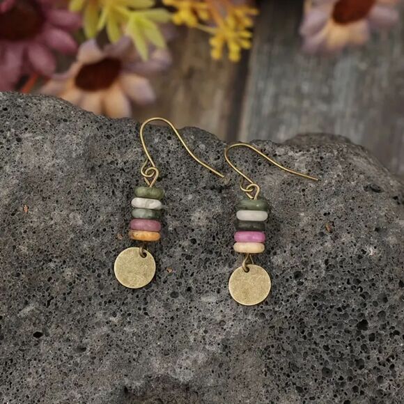 Boho Beaded Gemstone Dangle Earrings Handcrafted Bronze Drop Round Disc Jewelry - Picture 4 of 5